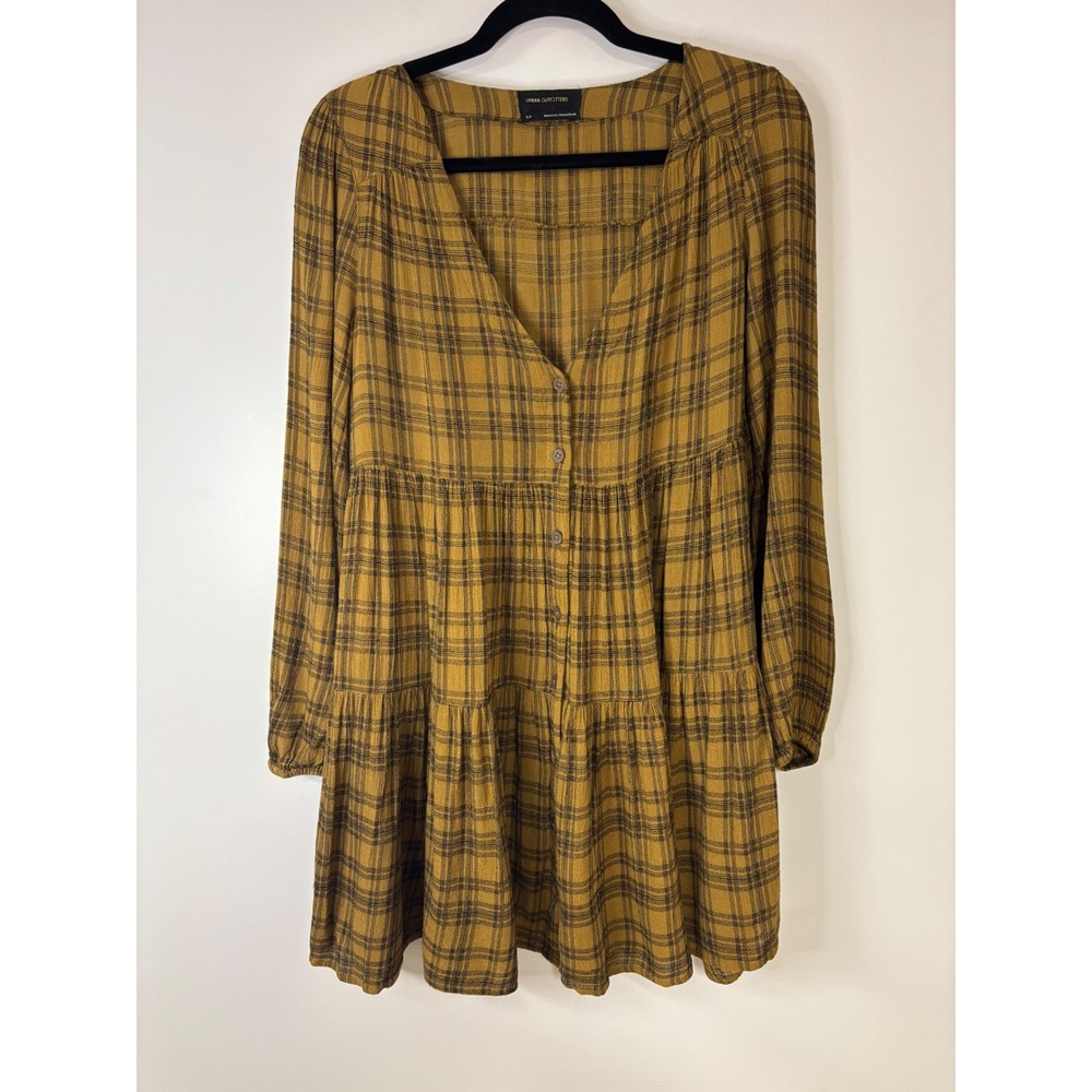 Urban Outfitters Plaid Button Front‎ Long Sleeve Tiered Mini Dress - Small